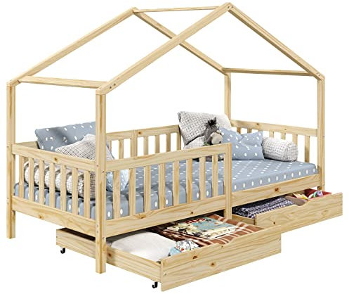 IDIMEX Lit cabane ELEA lit Enfant Simple Montessori 90 x 190 cm, avec 2 tiroirs de Rangement, en pin Massif à la Finition Naturelle