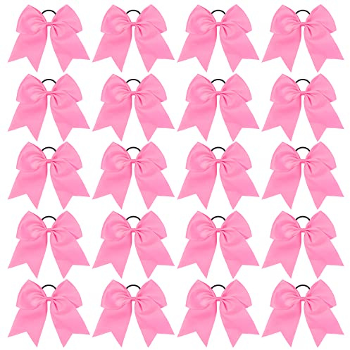 20 PCS 8 Inch Cheer Hair Bows Large Cheerleading Big Hair Bows with Ponytail Holder Hand-made Grosgrain Ribbon Hair Accessories for Teen Girls(Pink)