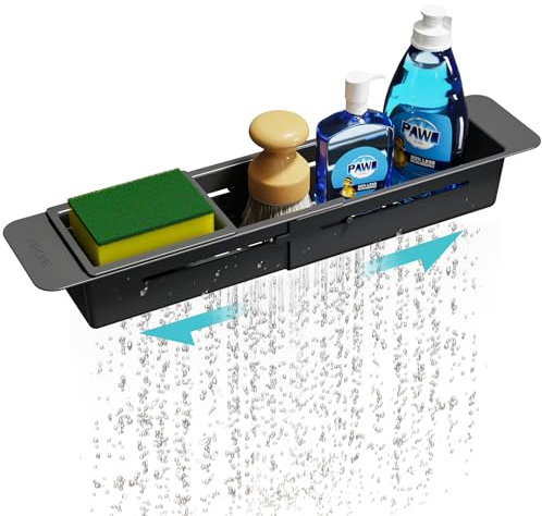 NiHome Ausziehbarer Spülbecken Organizer, teleskopischer Küchen Organizer mit rutschfesten Pads, verstellbares Schwamm- und Bürstenregal mit Abfluss, robuster ABS-Kunststoff, Schwarz