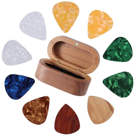 Set di porta plettri per chitarra in noce con 2 plettri in legno di colore e 8 plettri in celluloide (4 spessori), mini scatola per gioielli, gingilli in legno marrone, dimensioni scatola 8,5 x 4,5 x