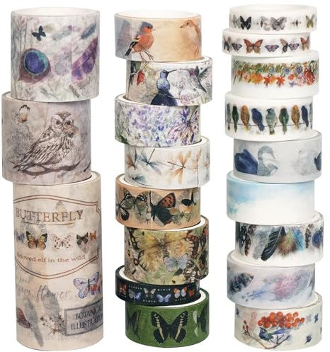 Songdao 20 Rollen Landschaftsbau Washi Tape Set Klebeband Papier Dekorativ Insekten Vögel bedruckt Masking Tape Klebeband Bunt für Scrapbooking Handwerk Handwerk