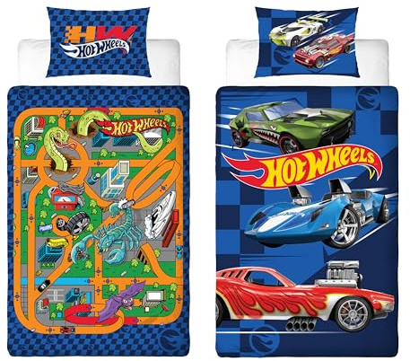 Hot Wheels - Juego de Funda de edredón para Cama Individual con Licencia Oficial de diseño juguetón, Ropa de Cama Reversible de 2 Caras, Incluye Funda de Almohada a Juego, Dormitorio