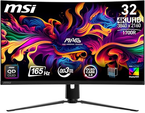 MSI MAG 321CUP QD-OLED 32 Inch UHD Curved Gaming Monitor - 1700R, 3840 x 2160 Quantum Dot OLED Panel, 165Hz / 0.03ms, 99% DCI-P3, ΔE≤2, DisplayHDR True Black 400, DP 1.4a, HDMI 2.1, USB Type-C