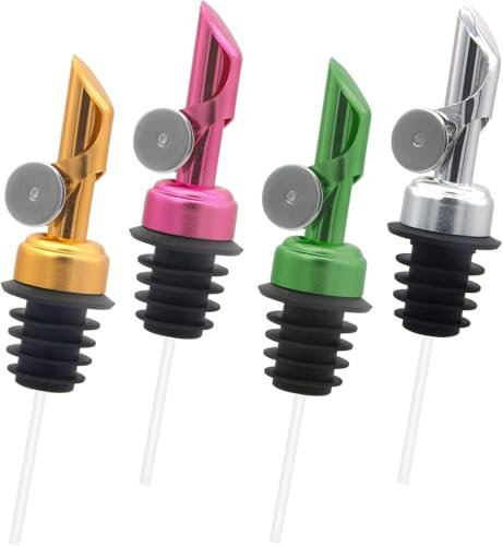 KIBBEH 4 Pack Colorful Stainless Steel Pourers Auto Flip Olive Oil Dispenser Spout One Handed Open & Close Cap Keeps Oil Fresh Alcohol Pour Spouts (Gold, Silver, Rose Gold, Green)