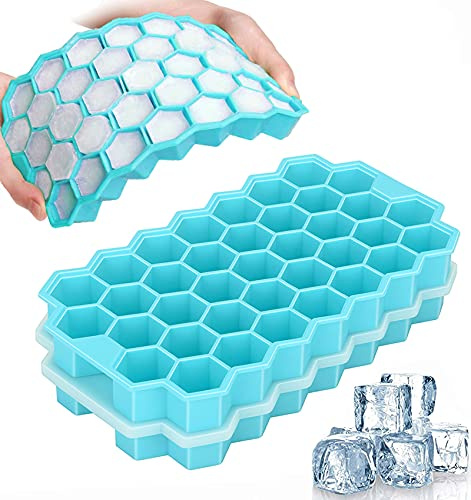 Azyh Ice Cube Trays with Lid, 2 Pack Silicone Ice Cube Trays with Lid-37 Grid, Easy-Release 74 PCS Small Ice Cubes for Iced Coffee Cocktail Whisky Chocolate Soup Food,BPA Free,Durable,Dishwasher Safe