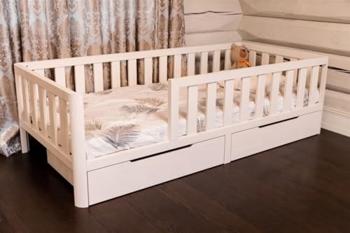 Mandrele - Montessori Bett, Bodenbett mit Lattenrost und Schubladen, Rausfallschutz Bett, Kinderbett, Holzbett mit Bettgestell für Jungen und Mädchen, 90x200 cm, Weiß