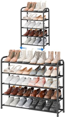 ENJOYBASICS Expandable Shoe Rack, 5 Tier Adjustable Shoe Storage Shelf | Black Metal Shoe Rack Organizer for Small Space, Closet, Entryway, Hallway, Bedroom