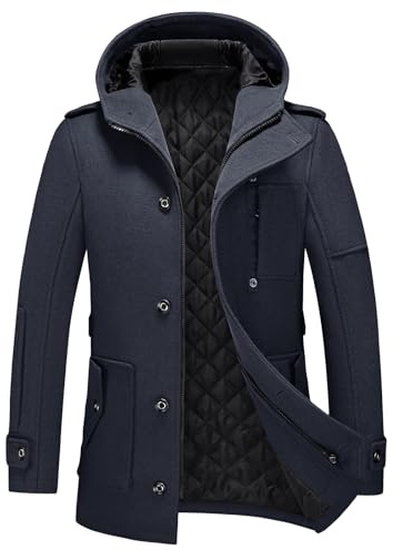 KUDORO Cappotto da uomo a mezza lunghezza in lana calda con cappuccio per l'inverno Trench Coat Classic Parka Soprabito Slim Fit Coup-Vento Overcoat, blu marino, XL