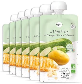 POPOTE – Petit Plat Courgette, Poulet et Parmesan Bio Bébé 180 g – Dès 6 mois – Gourde Individuelle – Texture Lisse – Format Pratique à Emporter – Diversification Alimentaire – Pack 6 x 180 g