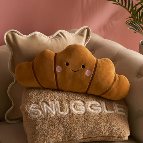 OHS Croissant Cushion, Soft Cosy Plush Pillow Decorative Stuffed Croissant Shaped Novelty Cushion Throw Pillow Birthday Gift for Kids and Friends, Brown - 35 x 18cm