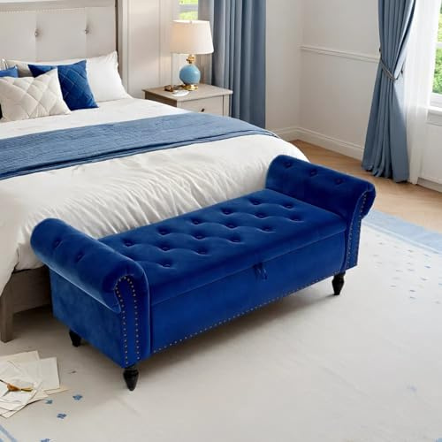 Clevich Banc de Rangement 133cm, avec Tige Hydraulique Pneumatique, avec Réversible Couvercle, avec Pieds en Bois Solides, jusqu'à 168kg, pour Couloir, Chambre à Coucher, Entrée, Salon, Bleu