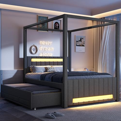 YAIXBNG 140 x 200 cm stor vadderad himmelsäng med utdragbar säng och tre lådor, LED-belysning, grå