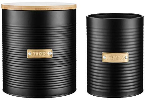 Typhoon Otto Utensil Pot and Airtight Biscuit/Cookie Storage Canister with Bamboo Lid, Set of 2, Black/Gold