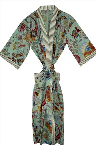 Rajbhoomi - Bata de kimono de algodón para mujer, bata ligera corta de punto, bata de baño, ropa de dormir para damas, verde claro, XXL-3XL