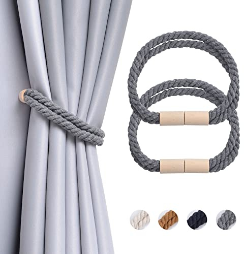 Pretty Jolly 2-pack magnetiska gardinbindningar i trä boho-dekoration draperi knytband naturlig bomull handgjorda dubbla rep gardinhållare för tunt eller tjockt hem och kontor fönsterdraperi (ny grå)