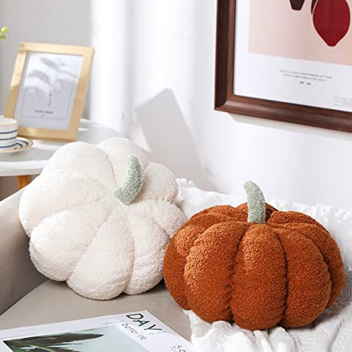 Kajaia 2 Pcs Oreillers en Peluche Citrouille Simulée 11 x 9,5 Pouces Coussin de Jouets en Forme de Citrouille 3D Thanksgiving Décorations Automne Confortables pour (Blanc, Marron)