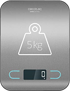 Cecotec Balance de Cuisine Numérique de Haute Précision CookControl, Plate-Forme en Acier Inoxydable, Anti-Empreinte, Design Extra-Plat, Affichage LCD, Capacité Maximale 5 kg, Précision 1g