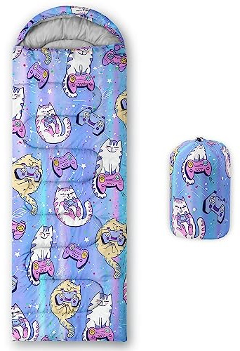 HOSIMA Sacs de couchage pour garçons et filles, enfants, manette de jeu, imprimé chat, léger, chaud, portable, extérieur, intérieur, imperméable, résistant au froid, sac de couchage pour camping,