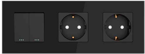 PULSAR Steckdosen x 2 mit Doppelschalter 3 Fach Schwarz Glas, Lichtschalter Unterputz Doppelt mit 2 Steckdosen, Serienschalter/Doppelsteckdose Taste Schalter Ein-Ausschalter x2 und Steckdose x2