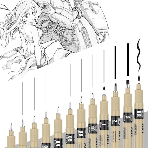 FANNAS Fineliner Schwarz 12 Stück Fineliner Set Schwarz Wasserfeste Tinte Farbecht Zentangle Stifte Erhältlich in Verschiedenen Größen Geeignet zum Schreiben Zeichnen und Tagebuch führen