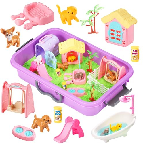 Carolart Pet Sensory bin,Dog and Cat Sandbox for Kids,Kids Play Sand Kit,Pet Play Set with Sensory Sand,Pet Care Play Set,Role Pretend Play Beach Toy Birthday Gift for Girls Boys 3 4 5 6 Years Old