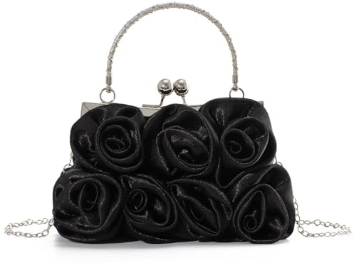 EVEOUT Élégant Pochette Clutches de soirée à Fleurs pour Femme Satin Sac bandoulière pour fête Mariage Sac à Main de mariée(Noir)