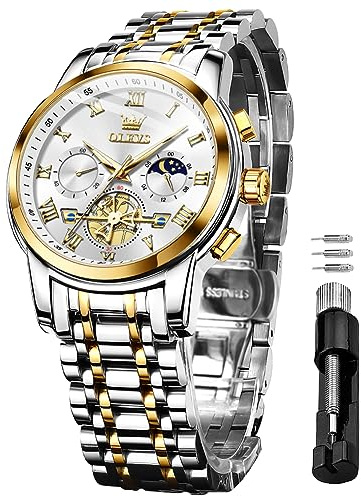 OLEVS Hommes Doré Argent Chronographe Montre Quartz Business Montre De Luxe en Acier Inoxydable éTanche Night Light Moon Phase