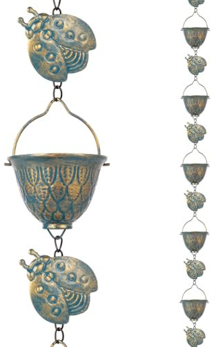 Qipade Cadena de lluvia de 9.2 pies, cadenas de canalón de lluvia de metal con 12 tazas y decoración de mariquitas desmontables, cadena de atrapador de lluvia ajustable con campana para decoración al