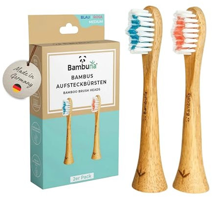 BAMBUNA Ersatzbürsten für Philips Sonicare Schallzahnbürste - Bürstenkopf aus Bambus - Aufsteckbürsten mittelweich - Bürstenkopf für Sonicare Zahnbürste - Made in Germany (blau/rosa, 2er-SET)