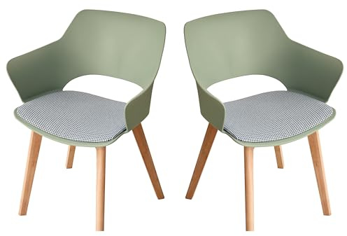 JZGORC Juego de 2 Sillas de Comedor Escandinavas, Silla de Comedor de Estilo Nórdico con Reposabrazos, Patas de Haya, Silla de Cocina Tapizada a Cuadros de Lino - Verde Claro