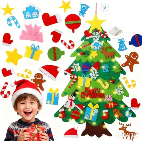 Arbol Navidad Fieltro,100cm árbol Navidad Fieltro para Niños,Arbol de Navidad Fieltro con 34 Piezas Ornamentos y Cadena de Luz LED, Decoración Navideña para Hogar Interior Exterior (XM01) (XM02)