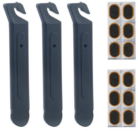 AMANDELIZABE 3 Stück Reifenheber Fahrrad, Fahrradreifen-Reparaturwerkzeug mit 12 Stück Fahrradreifen-Reparaturfolie, tragbarer Reifenwechsel zur Reparatur von Fahrradreifen