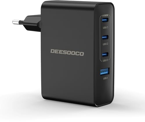 100W USB C Ladegerät, 4-Port Schnellladegerät, USB C Netzteil, GaN Charger PD/PPS kompatibel mit MacBook, HP Laptop, iPad Air, iPhone 17, Galaxy S25