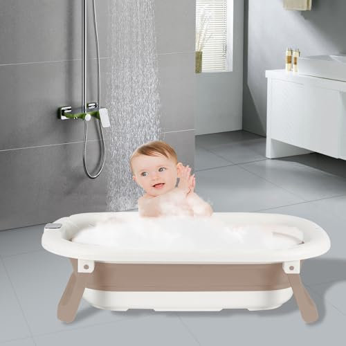 Bañera plegable para bebé con cojín antideslizante, diseño portátil para el hogar y los viajes – Bañera plegable BB fácil de limpiar – 43 x 71 x 18,5 cm (caqui)