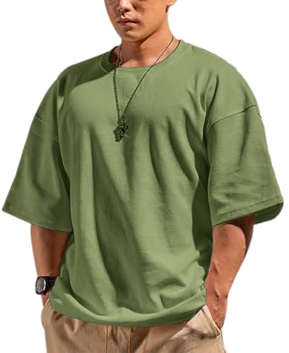 Muscle Alive Uomo Basic Magliette a Maniche Corte Cialda Felpa Perdere Peso Allenamento Maglione Maglia Girocollo Verde Oliva XL