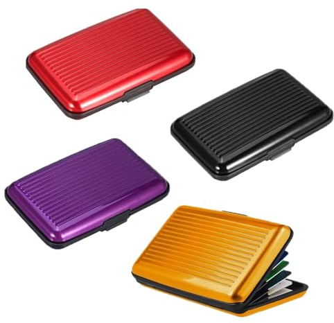 4 Pack Metal Card Holder, RFID Blocking Card Protector, Credit Card Wallet Set, Secure Travel and Business Card Case, Compact Design with Multiple Colors (Red, Purple, Black, Yellow)