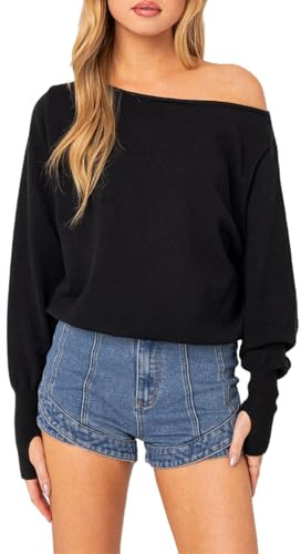 ESSECMBS Pull Femme Épaule Dénudée Asymétrique, en Crochet Manches Longues Col Bateau, Pull Epaules Dénudées Femme Passe Pouce (Noir, M)