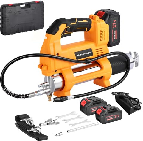MISTRO Engrasadora Batería 10000 PSI, Pistola de Engrasar Eléctrica con 2x3000Mah Baterías 400cc Luz LED Manguera de 1m y 2 Acopladores con Control Automático para Tractores y Maquinaria Pesada