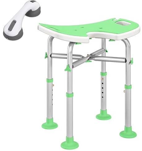 HOMCOM Height Adjustable Shower Stool with Suction Grab Rail, Aluminium Shower Chair with U-Shaped Padded Seat, Non-Slip Bath Stool for Elderly, Disabled, Seniors, Pregnant, Green