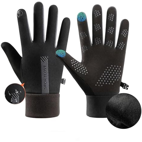Feithmonic Gants de Course d'Hiver, Écran Tactile Imperméables Chauds Antidérapants Coupe-Vent, Gants de Cyclisme Homme Femme pour Conduite Vélo Randonnée Marche Moto Ski à Pied Sports Plein Air,Noirs