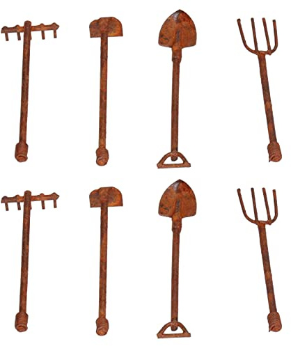 Dollhouse Miniature Farming Tools Kit Rusty Metal Shovel Hoe Rake Pitchfork for Garden Landscape Decor DIY Scene Iron Material 6.2cm Size 8 Pieces Set