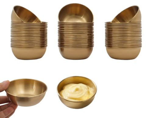 Mqwdxzfes 50 stycken rostfritt stål 304 såser, mini dip-skålar, såskoppar små kryddskålar, stapelbara såsskålar, dippbägare skålar för sås, sushi catering, 8,3 cm (guld)