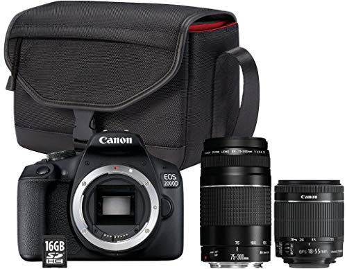 Appareil Photo Reflex Canon EOS 2000D + Objectif EF S 18 55 mm f 3.5 5.6 IS II + Objectif EF 75 300 mm f 4 5.6 III + Sac SB130