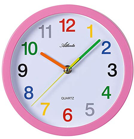 Atlanta Wanduhren Analog rosa für Kinder mit bunten Zahlen Lernuhr 435217 Geräuscharm - Schleichende Sekunde