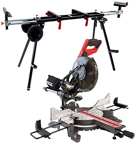 Excel 255mm 10 inch Compound Sliding Mitre Saw Double Bevel 2000W with Universal Wheel Stand - Sliding Compound Woodworking Chop Machine, 2000W Motor & Fitted Laser Light, 240V/2000W Mitre Saw