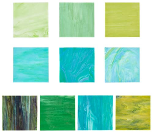 PandaHall 10 Hojas de Vidrio de 10 Colores 10x10cm Grandes Mosaicos de Catedral Azulejos de Mosaico de Variedad Verde y Azul para Proyectos de Pasatiempos