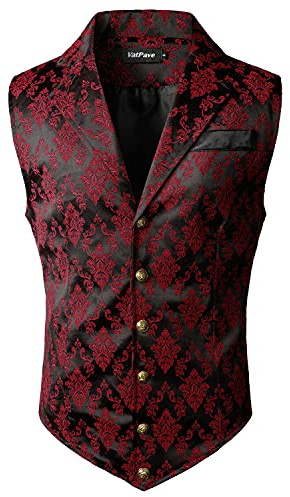 VATPAVE Mens Victorian Suit Vest Steampunk Gothic Waistcoat X-Large Black Red