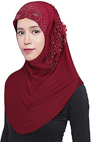Hijab Foulard à Enfiler Croisé pour Femmes Voile Islamique Long avec des Fleurs en Dentelle Turban Châle Islamique Confortable 60 x 60 cm