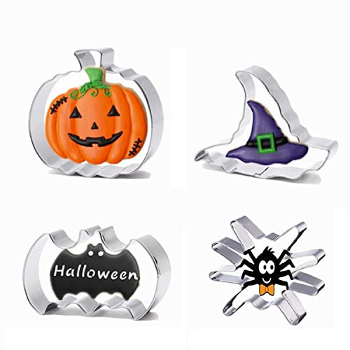 Halloween Cookie Cutters Set, 4 Pieces Stainless Steel Halloween Biscuit Cutters Shape - Pumpkin, Bat, Spider, Witch Hat for Baking, Party