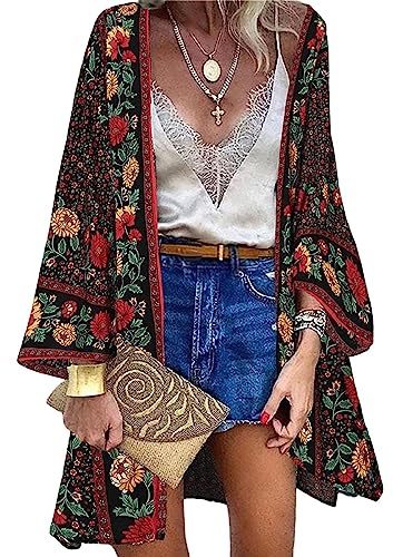 Mujer Cárdigan Gasa Vestido de Playa Floral Kaftan Bohemia Pareos y Camisola Manga Larga Kimono Largo Traje de Baño Bikini Cover up Verano Vestido de Playa Mujer Camisa Beach Cuello en V Bikini